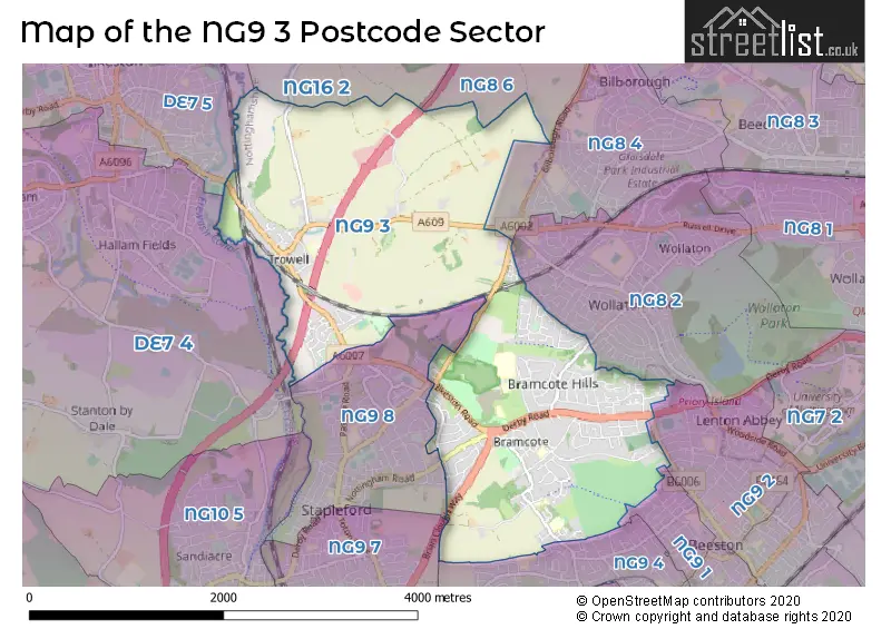 Map of the NG9 3 and surrounding postcode sector