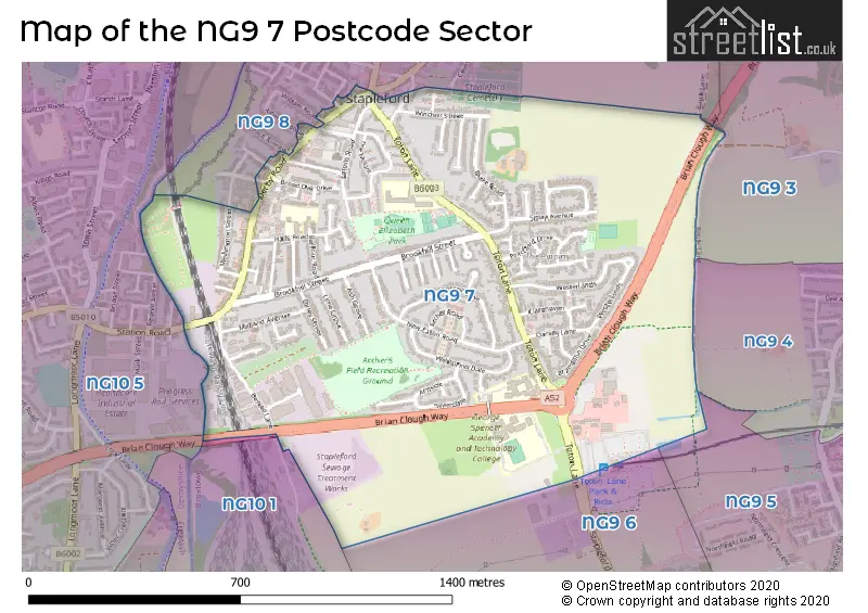 Map of the NG9 7 and surrounding postcode sector