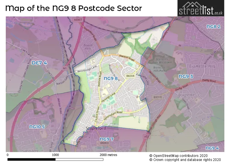 Map of the NG9 8 and surrounding postcode sector