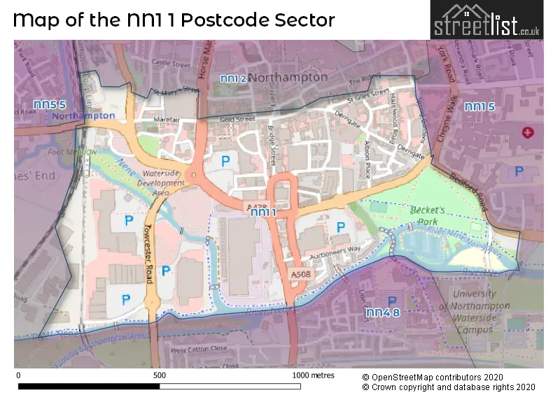 Map of the NN1 1 and surrounding postcode sector
