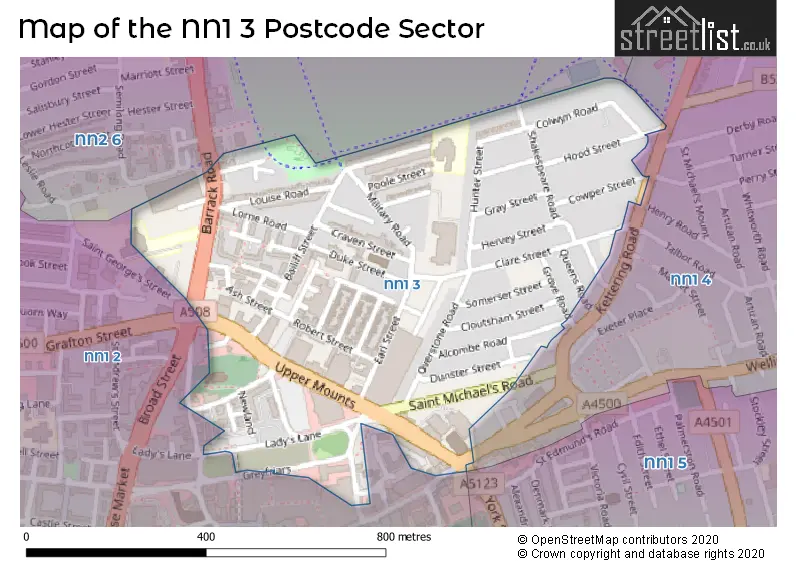Map of the NN1 3 and surrounding postcode sector