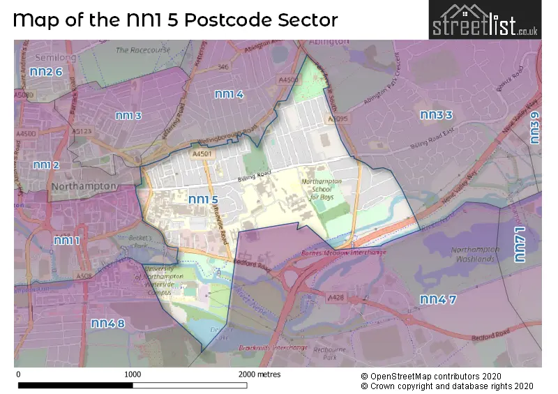 Map of the NN1 5 and surrounding postcode sector