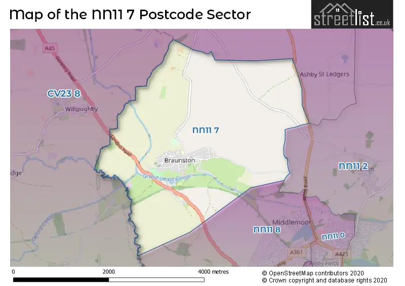 Map of the NN11 7 and surrounding postcode sector