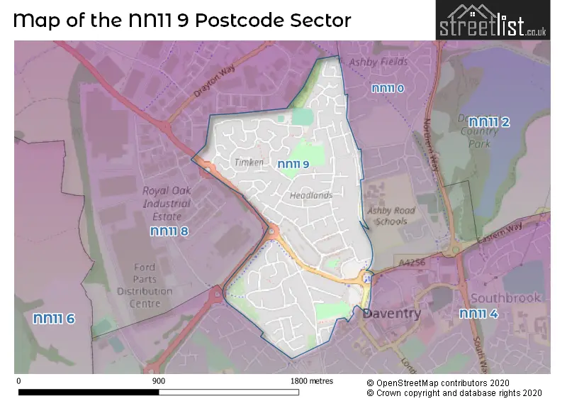 Map of the NN11 9 and surrounding postcode sector