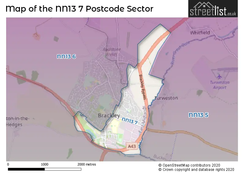 Map of the NN13 7 and surrounding postcode sector