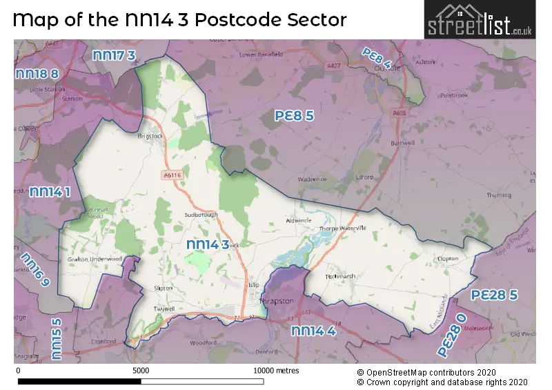 Map of the NN14 3 and surrounding postcode sector