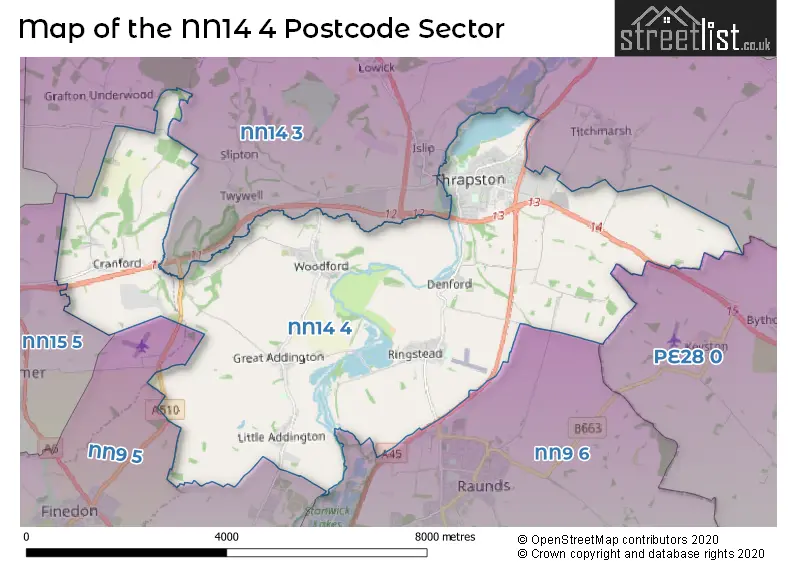 Map of the NN14 4 and surrounding postcode sector