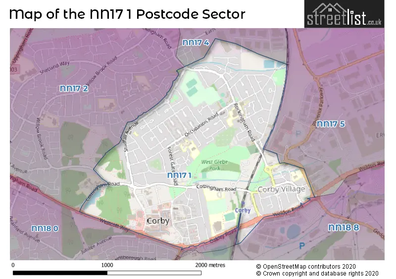 Map of the NN17 1 and surrounding postcode sector