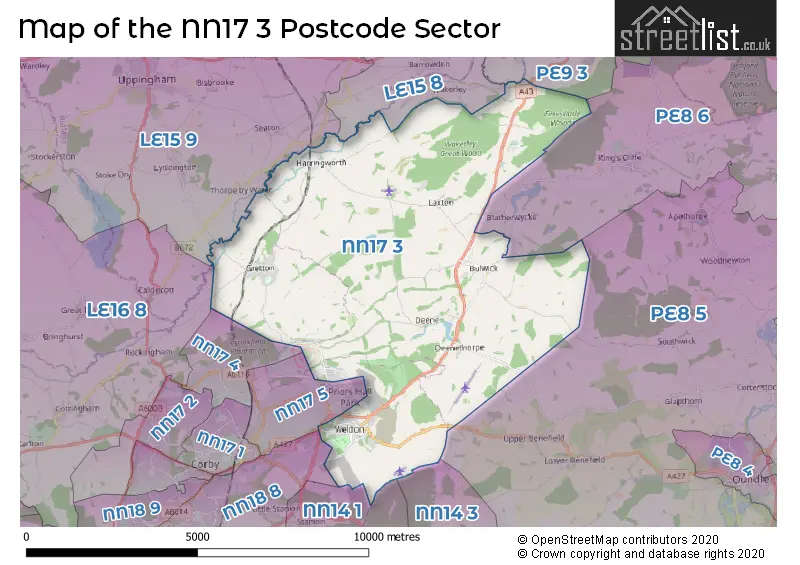 Map of the NN17 3 and surrounding postcode sector