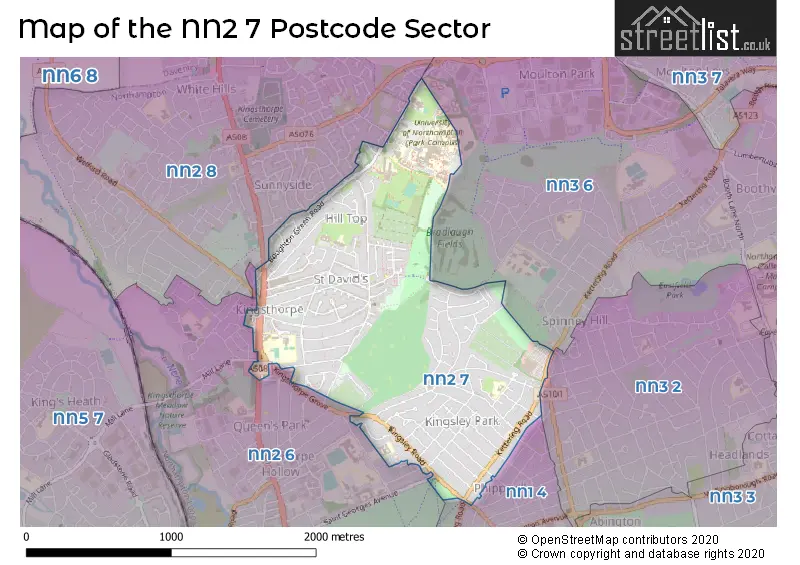 Map of the NN2 7 and surrounding postcode sector