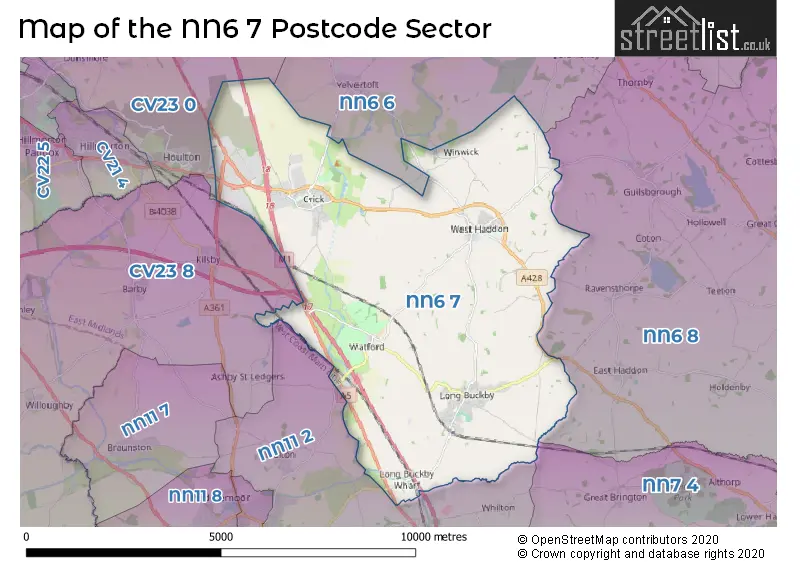 Map of the NN6 7 and surrounding postcode sector