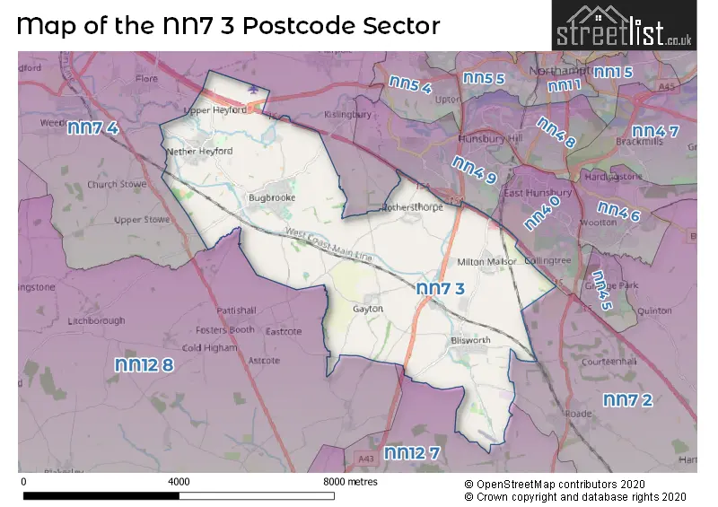 Map of the NN7 3 and surrounding postcode sector