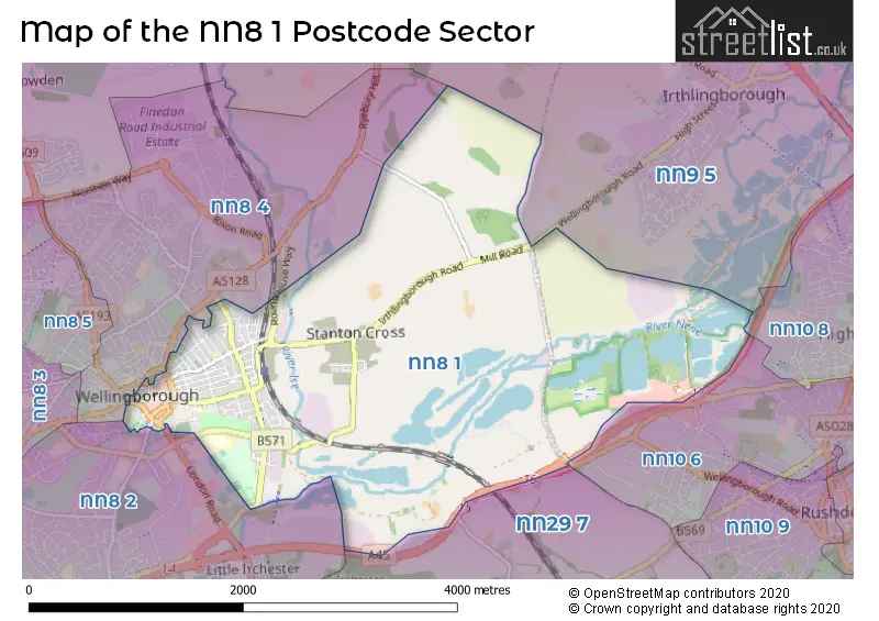 Map of the NN8 1 and surrounding postcode sector