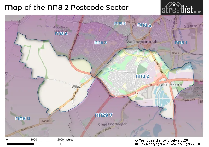 Map of the NN8 2 and surrounding postcode sector