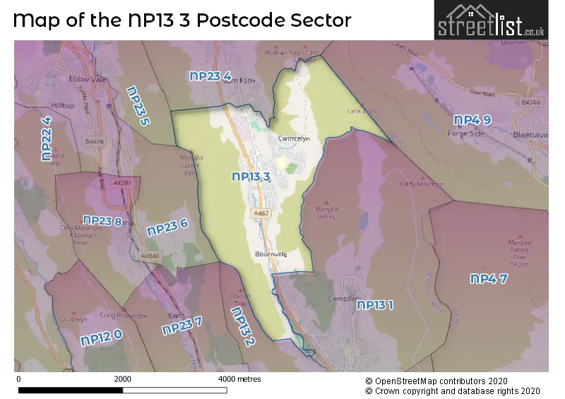 Map of the NP13 3 and surrounding postcode sector