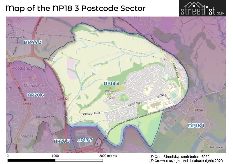 Map of the NP18 3 and surrounding postcode sector