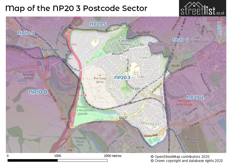 Map of the NP20 3 and surrounding postcode sector