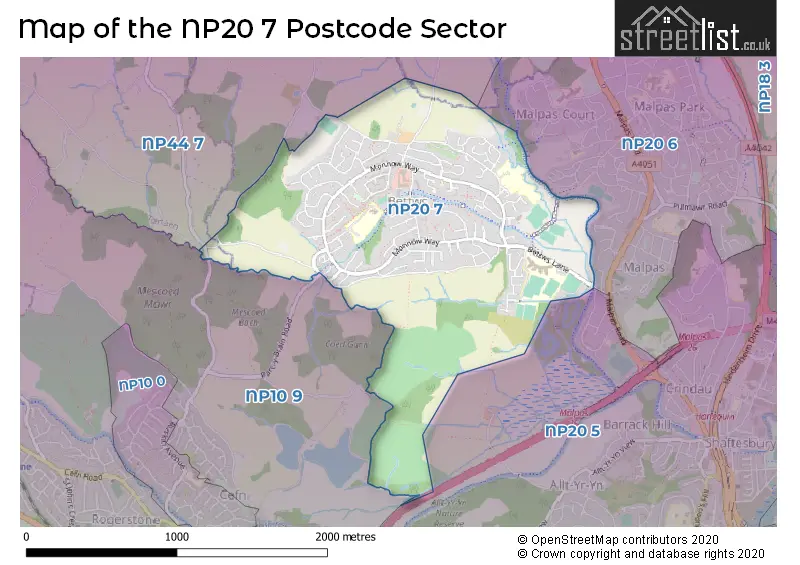 Map of the NP20 7 and surrounding postcode sector