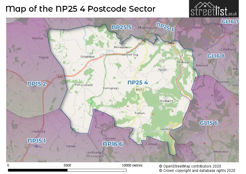 Map of the NP25 4 and surrounding postcode sector