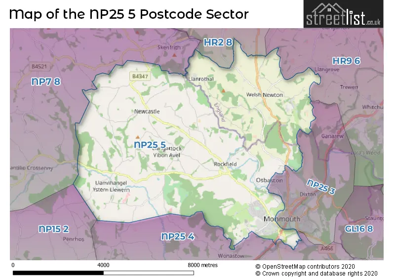 Map of the NP25 5 and surrounding postcode sector