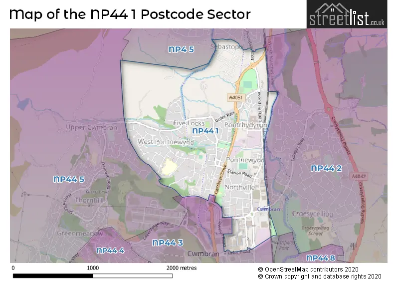 Map of the NP44 1 and surrounding postcode sector