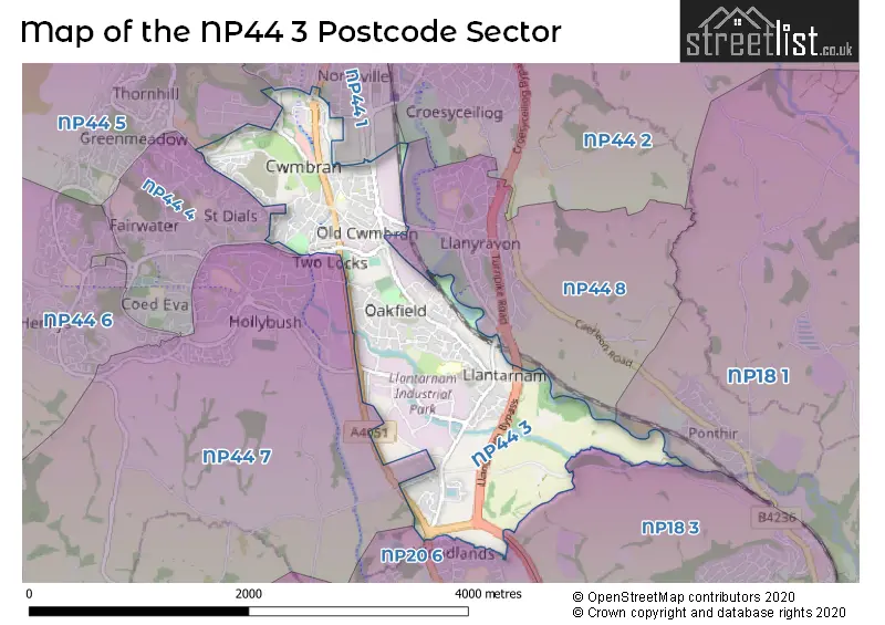 Map of the NP44 3 and surrounding postcode sector