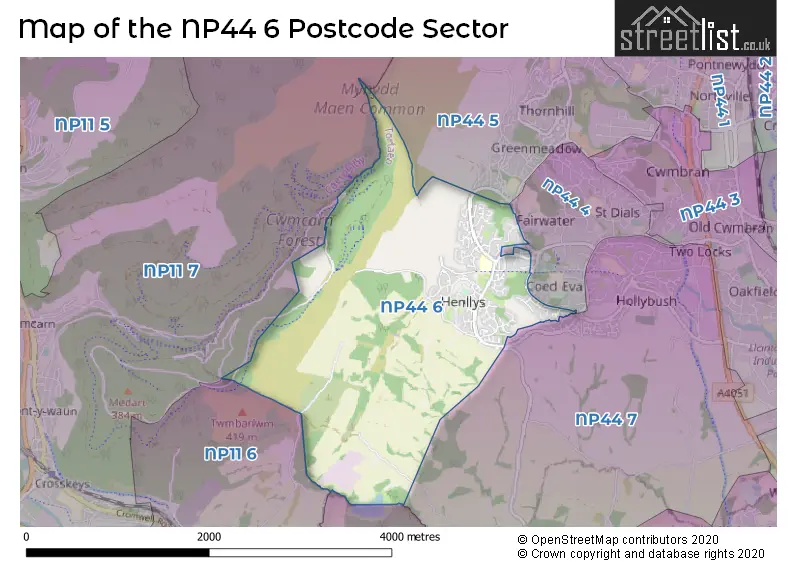 Map of the NP44 6 and surrounding postcode sector