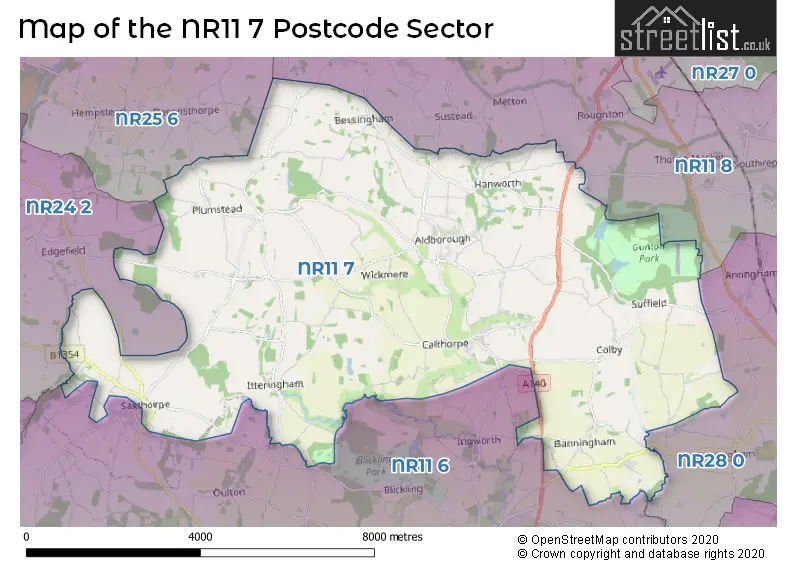 Map of the NR11 7 and surrounding postcode sector