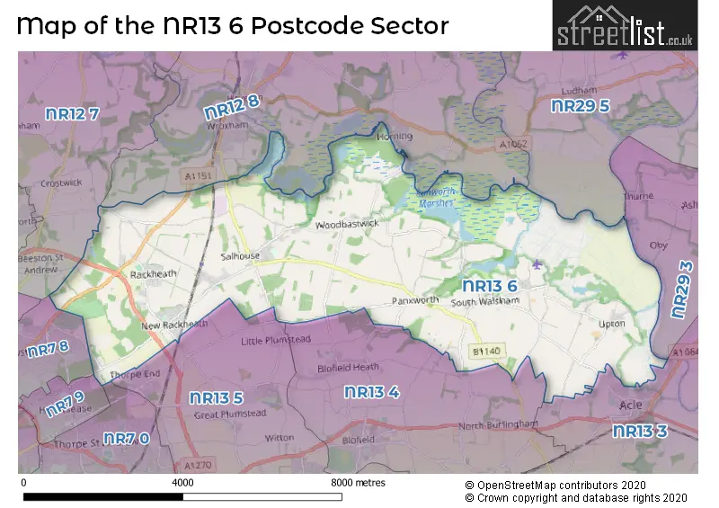 Map of the NR13 6 and surrounding postcode sector