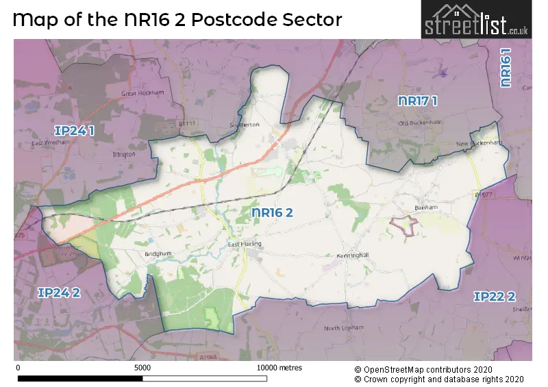 Map of the NR16 2 and surrounding postcode sector