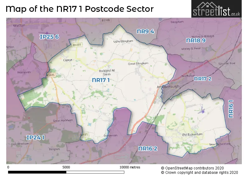 Map of the NR17 1 and surrounding postcode sector