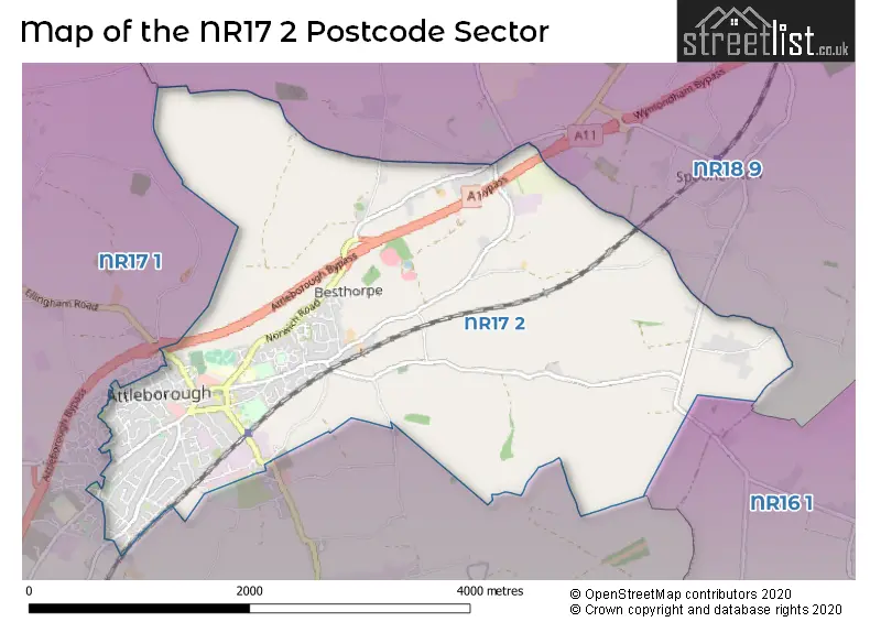 Map of the NR17 2 and surrounding postcode sector