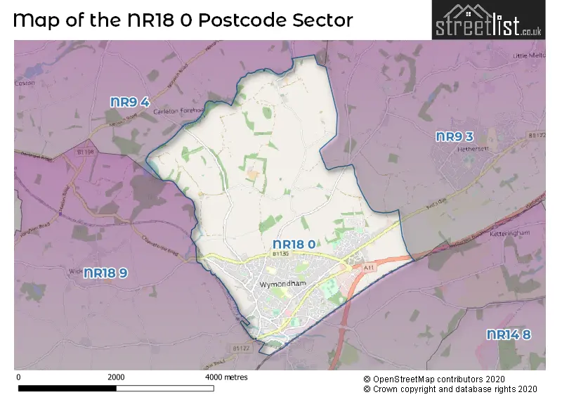Map of the NR18 0 and surrounding postcode sector