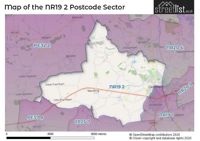 Map of the NR19 2 and surrounding postcode sector