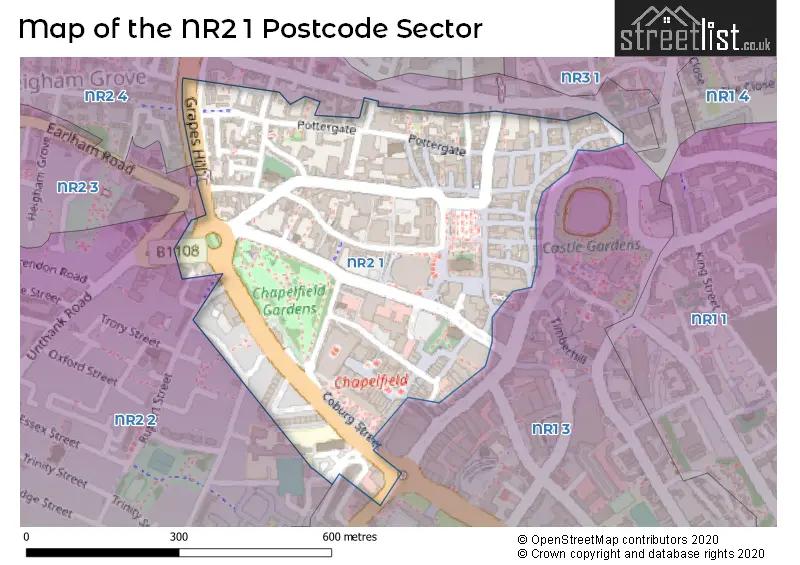 Map of the NR2 1 and surrounding postcode sector
