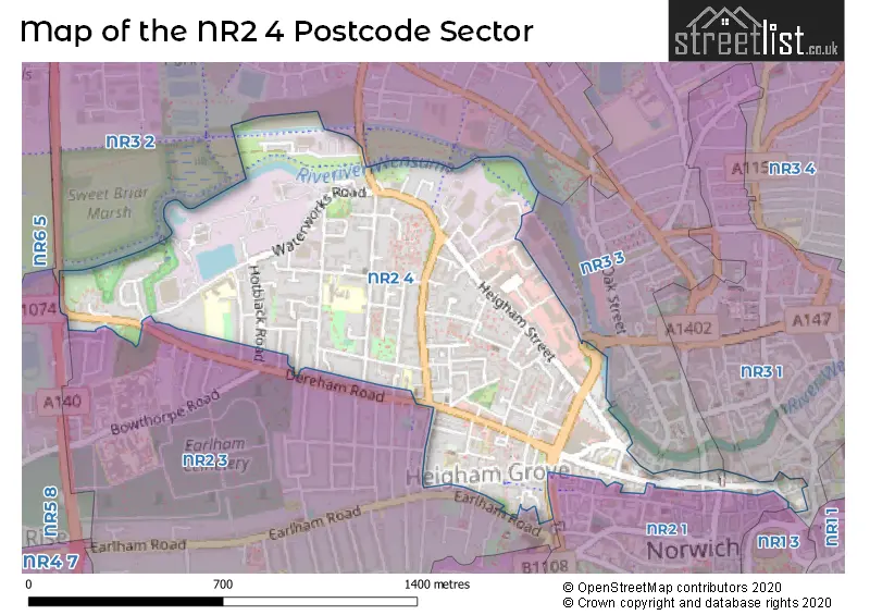 Map of the NR2 4 and surrounding postcode sector