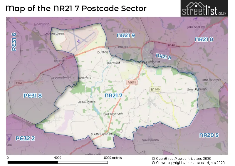 Map of the NR21 7 and surrounding postcode sector