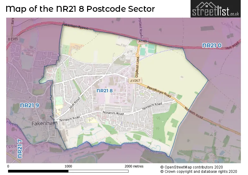 Map of the NR21 8 and surrounding postcode sector