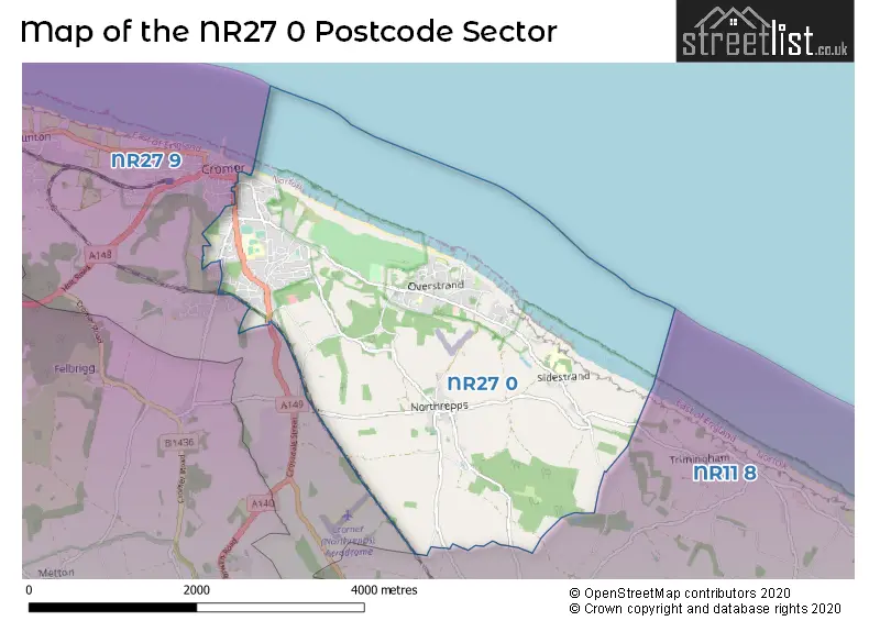 Map of the NR27 0 and surrounding postcode sector