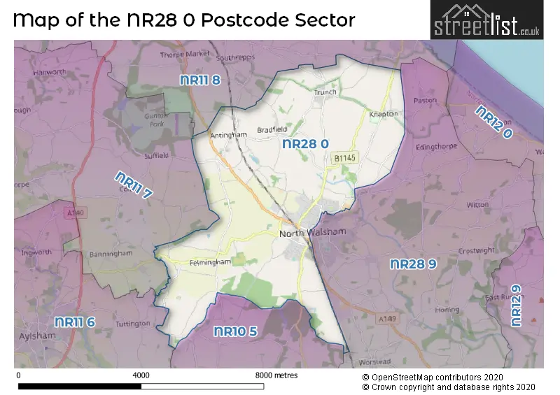 Map of the NR28 0 and surrounding postcode sector