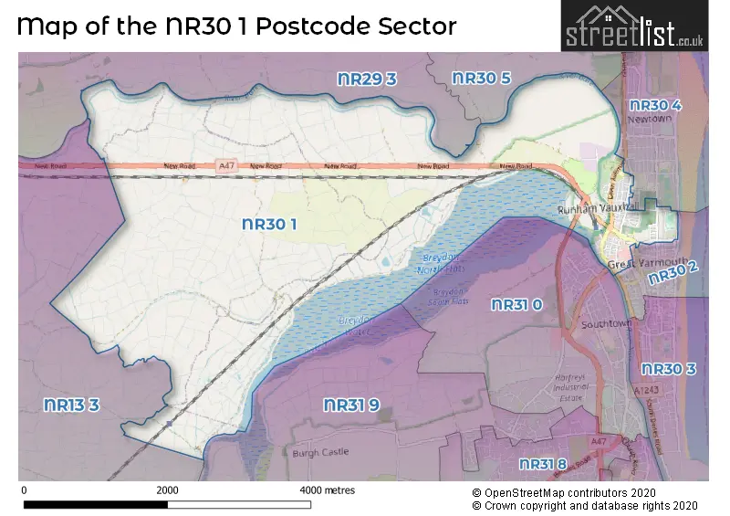 Map of the NR30 1 and surrounding postcode sector