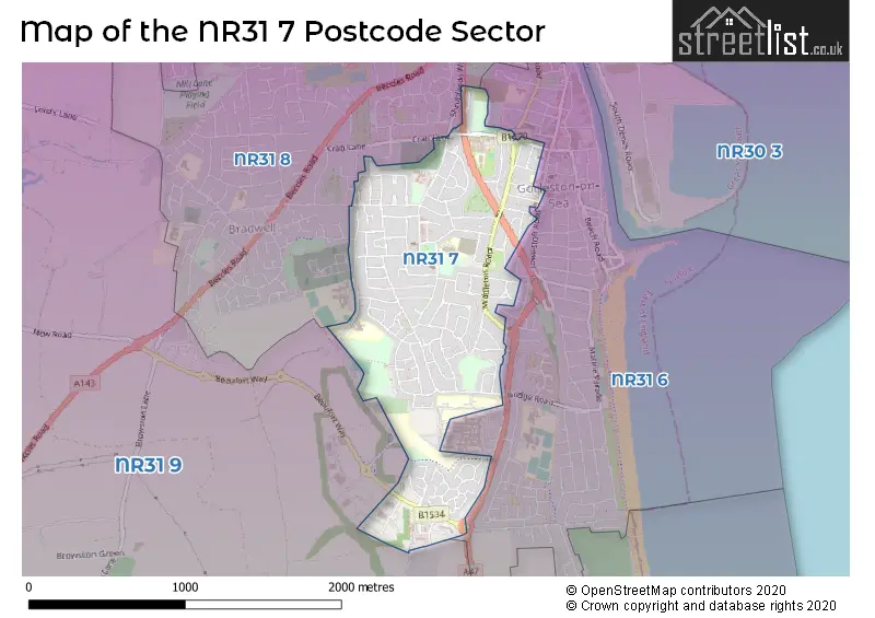 Map of the NR31 7 and surrounding postcode sector