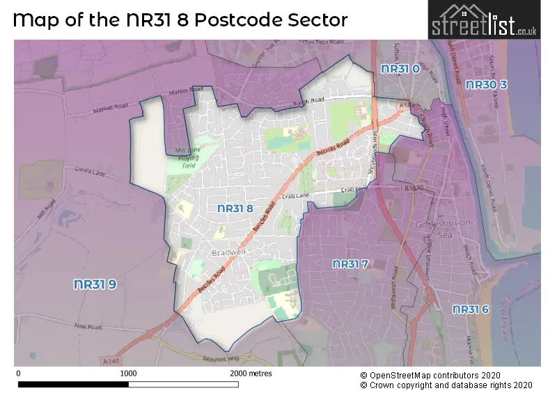 Map of the NR31 8 and surrounding postcode sector