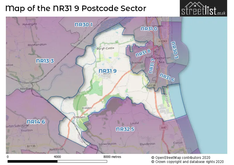 Map of the NR31 9 and surrounding postcode sector