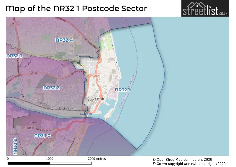 Map of the NR32 1 and surrounding postcode sector