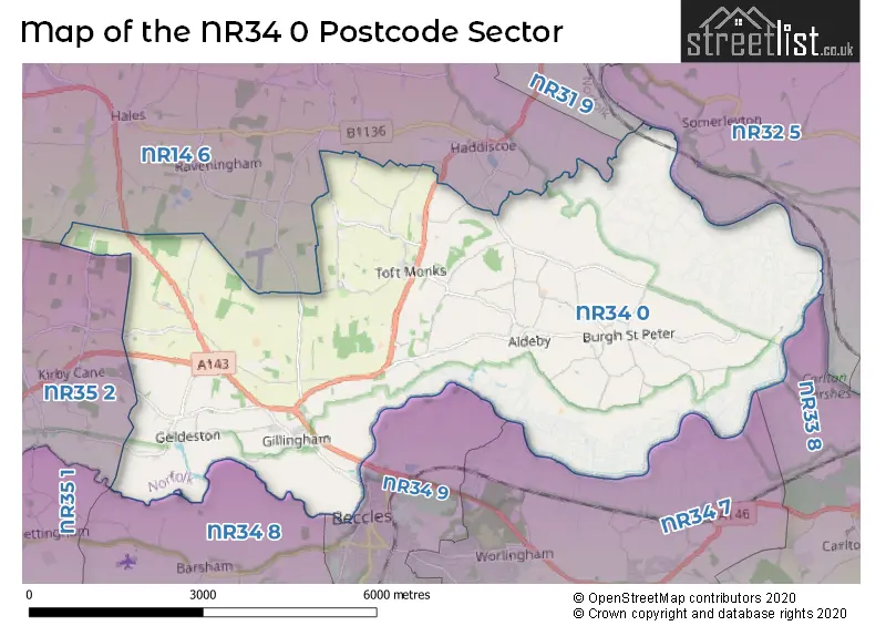 Map of the NR34 0 and surrounding postcode sector