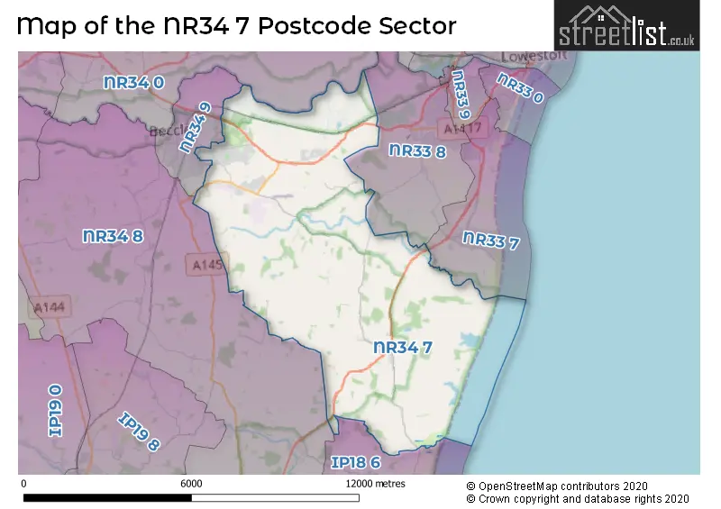 Map of the NR34 7 and surrounding postcode sector