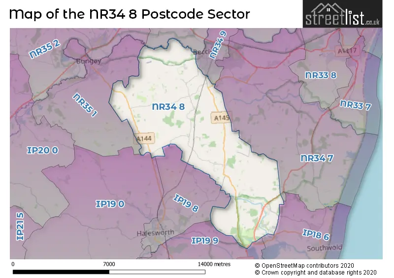 Map of the NR34 8 and surrounding postcode sector
