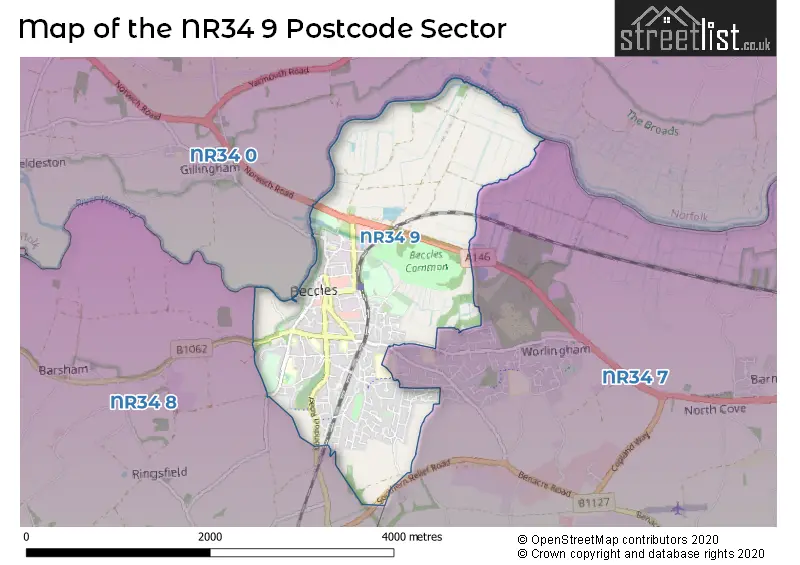 Map of the NR34 9 and surrounding postcode sector