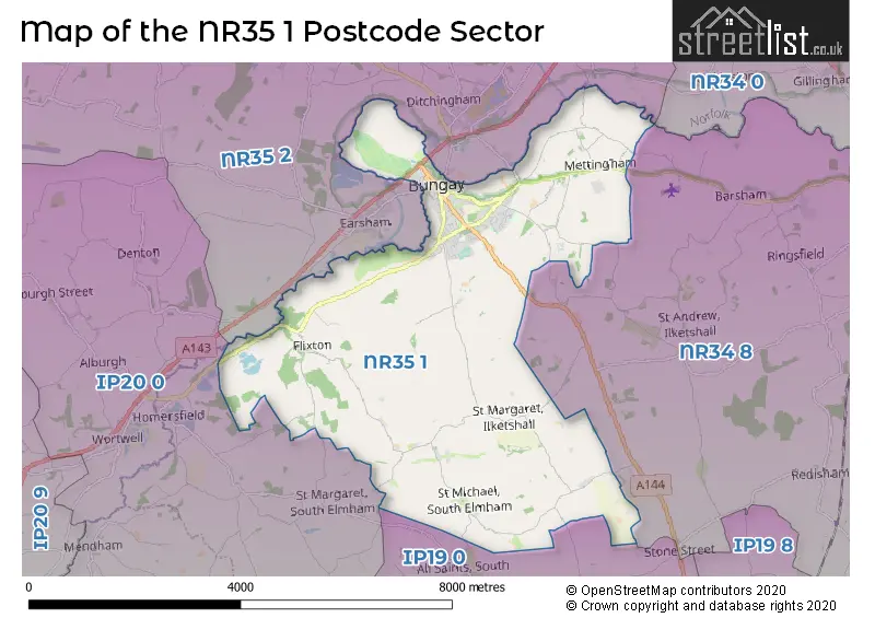 Map of the NR35 1 and surrounding postcode sector